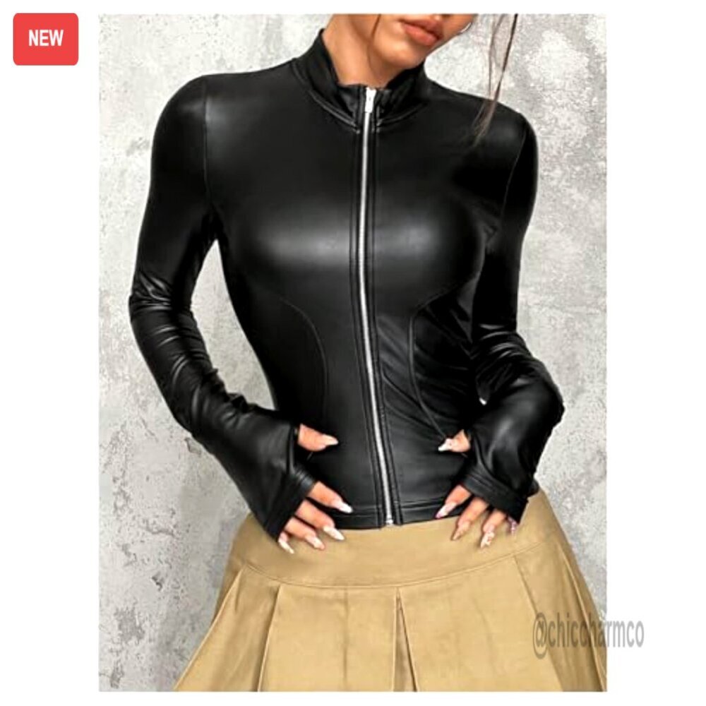 Faux Leather Jacket with Fleece Lining, Mock Neck, Zip Front, Slim Fit - Picture 4 of 5